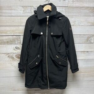 Michael Kors Trench Coat Womens Small Black Hooded Full Zip‎ MK Logo Lined